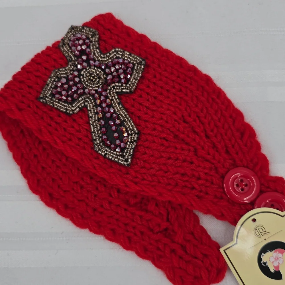VERY MODA Red Knit Sequin Cross‎ Embellished Headband One Size NWT